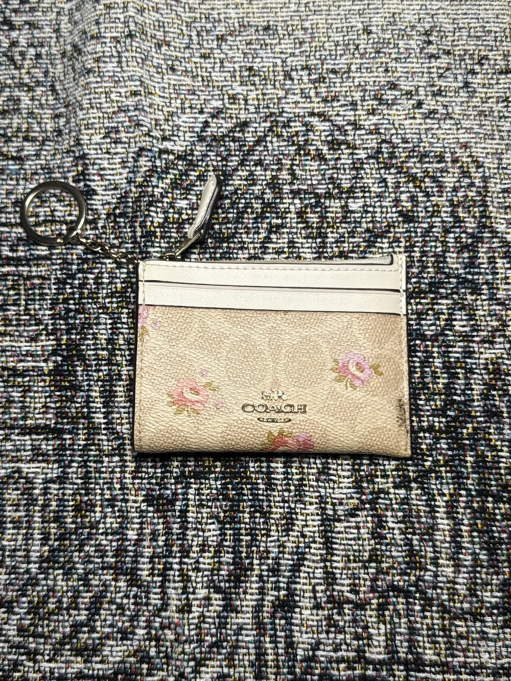 Coach Beige Floral Zip Cardholder with Pink Roses